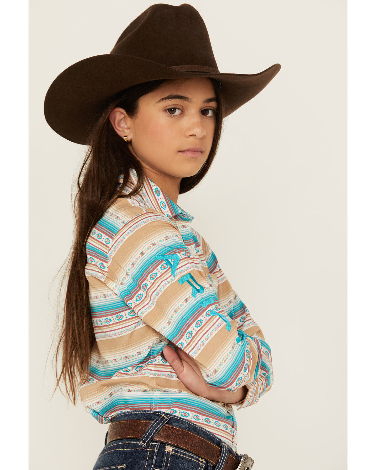 Image #2 - Ariat Girls' Striped Southwestern Print Long Sleeve Button-Down Western Shirt, Beige, hi-res