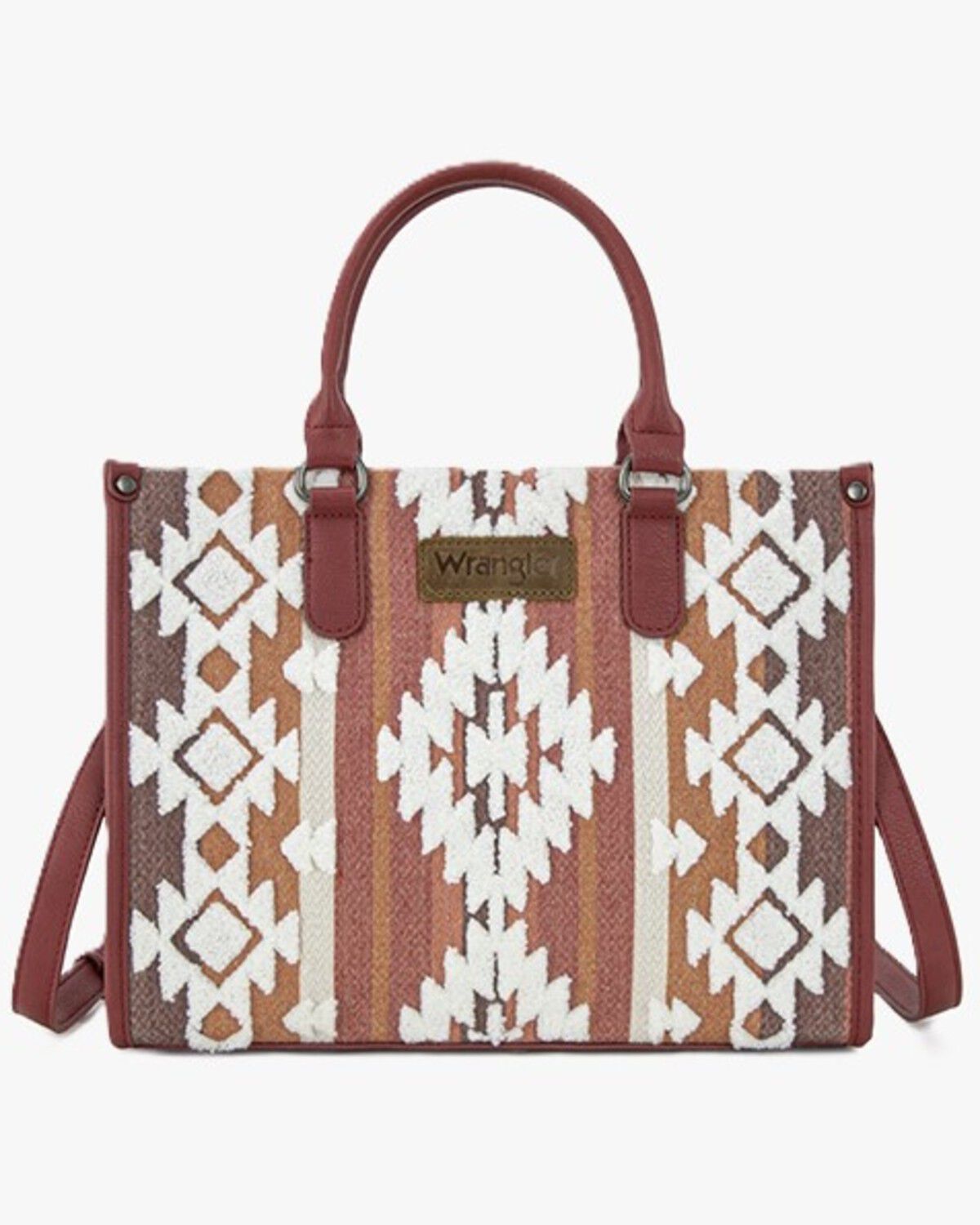 Image #1 - Wrangler Women's Sherpa Southwestern Print Canvas Crossbody Tote, Burgundy, hi-res