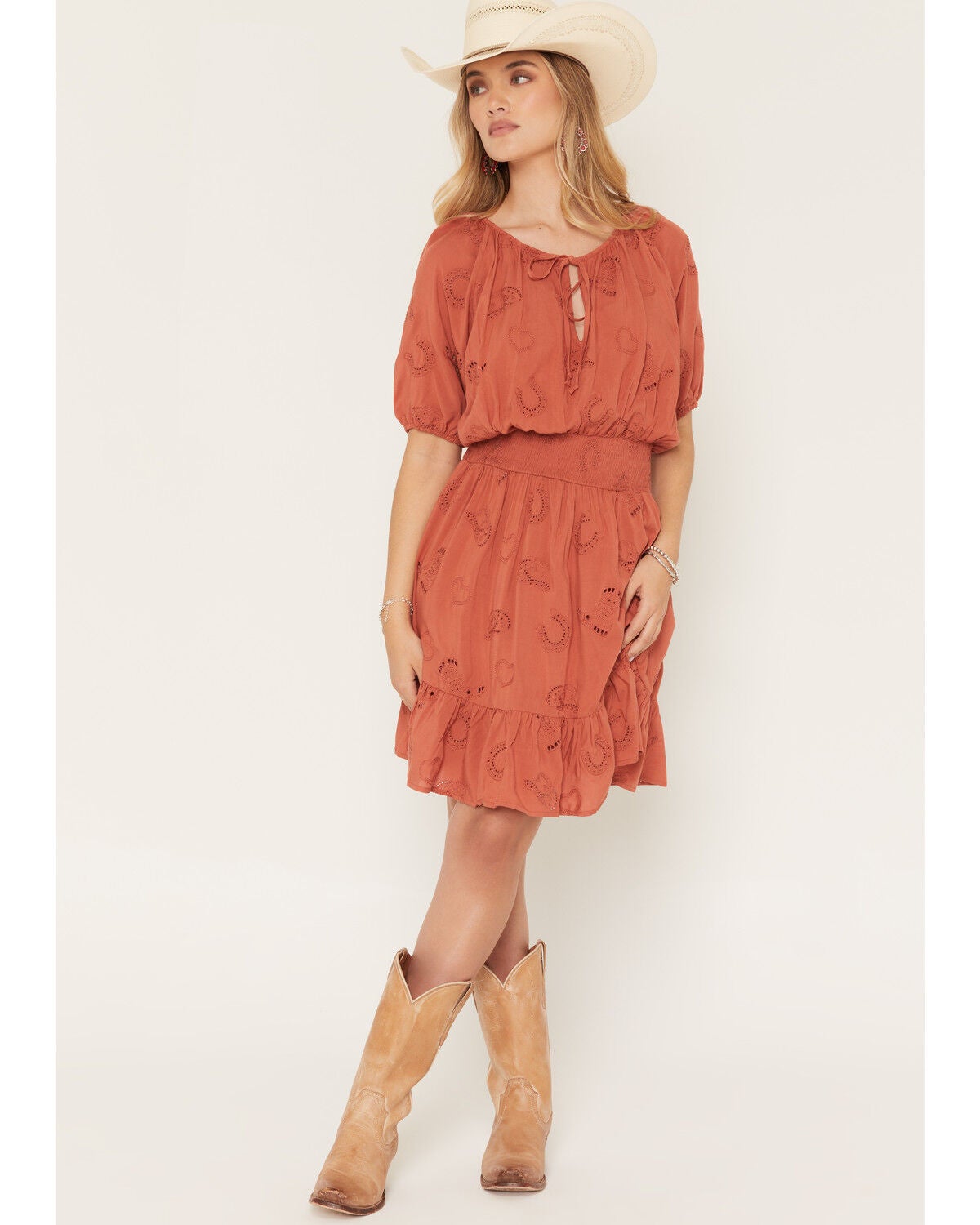 Image #1 - Wild Moss Women's Western Embroidered Cutout Mini Dress, Rust Copper, hi-res