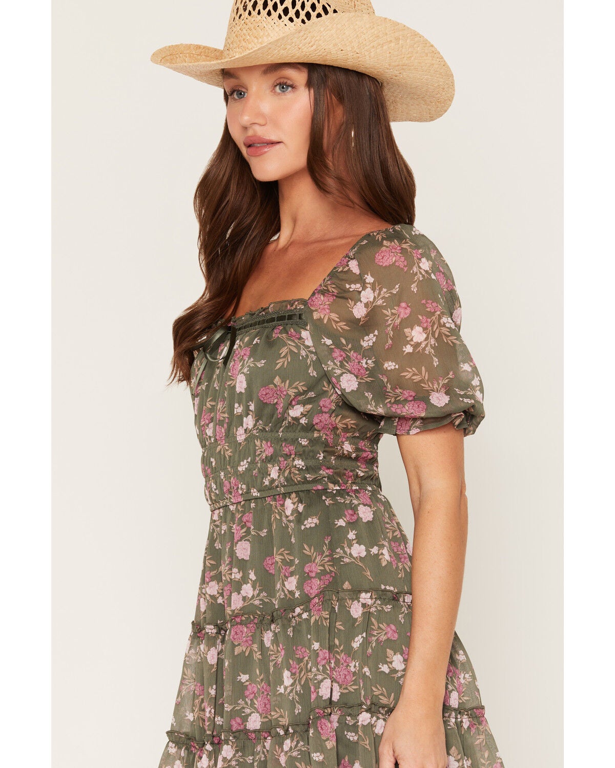 Image #2 - Trixxi Women's Floral Print Short Sleeve Mini Dress, Green, hi-res