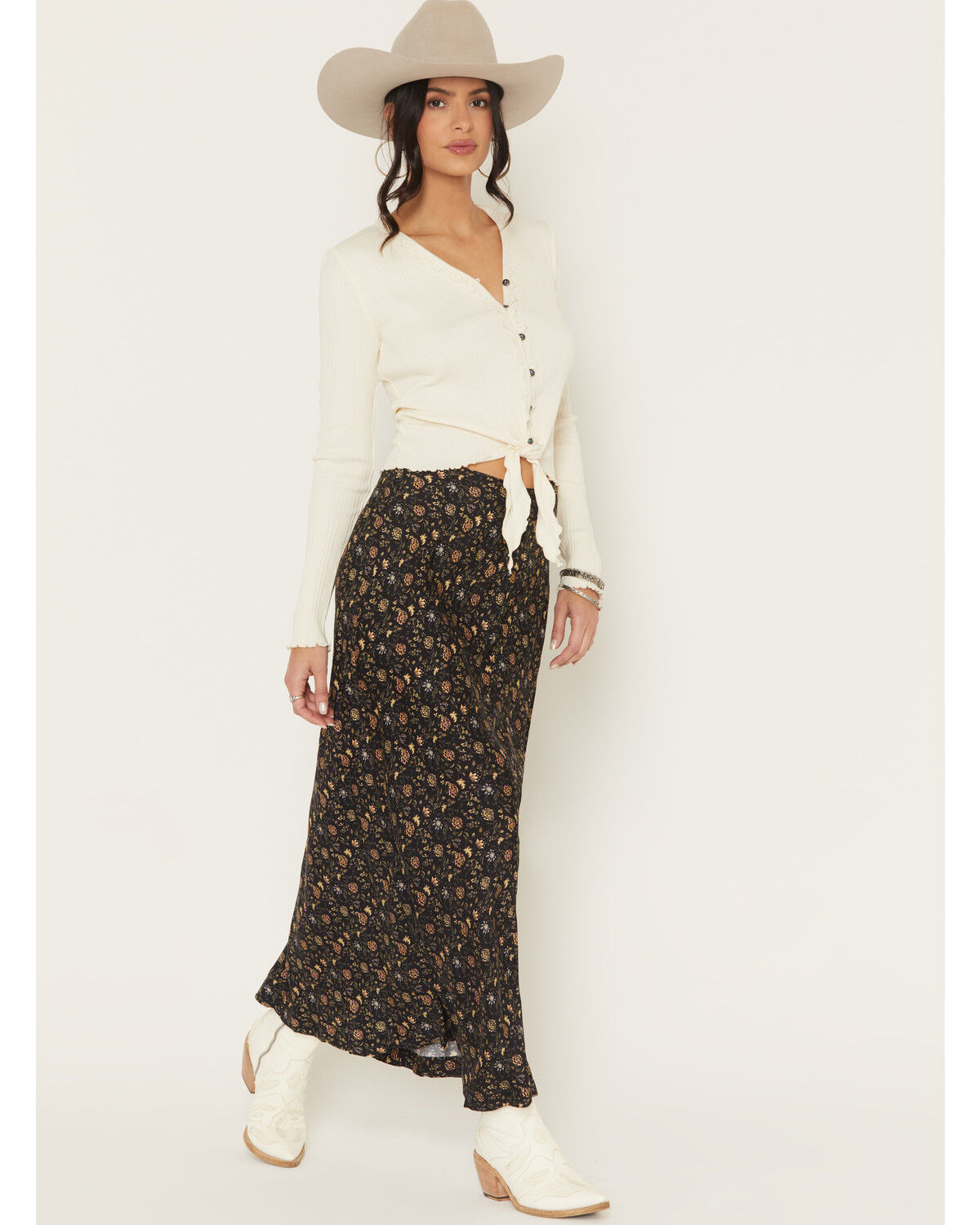 Image #1 - Sendero Provisions Women's Pearla Floral Print Midi Skirt, Black, hi-res
