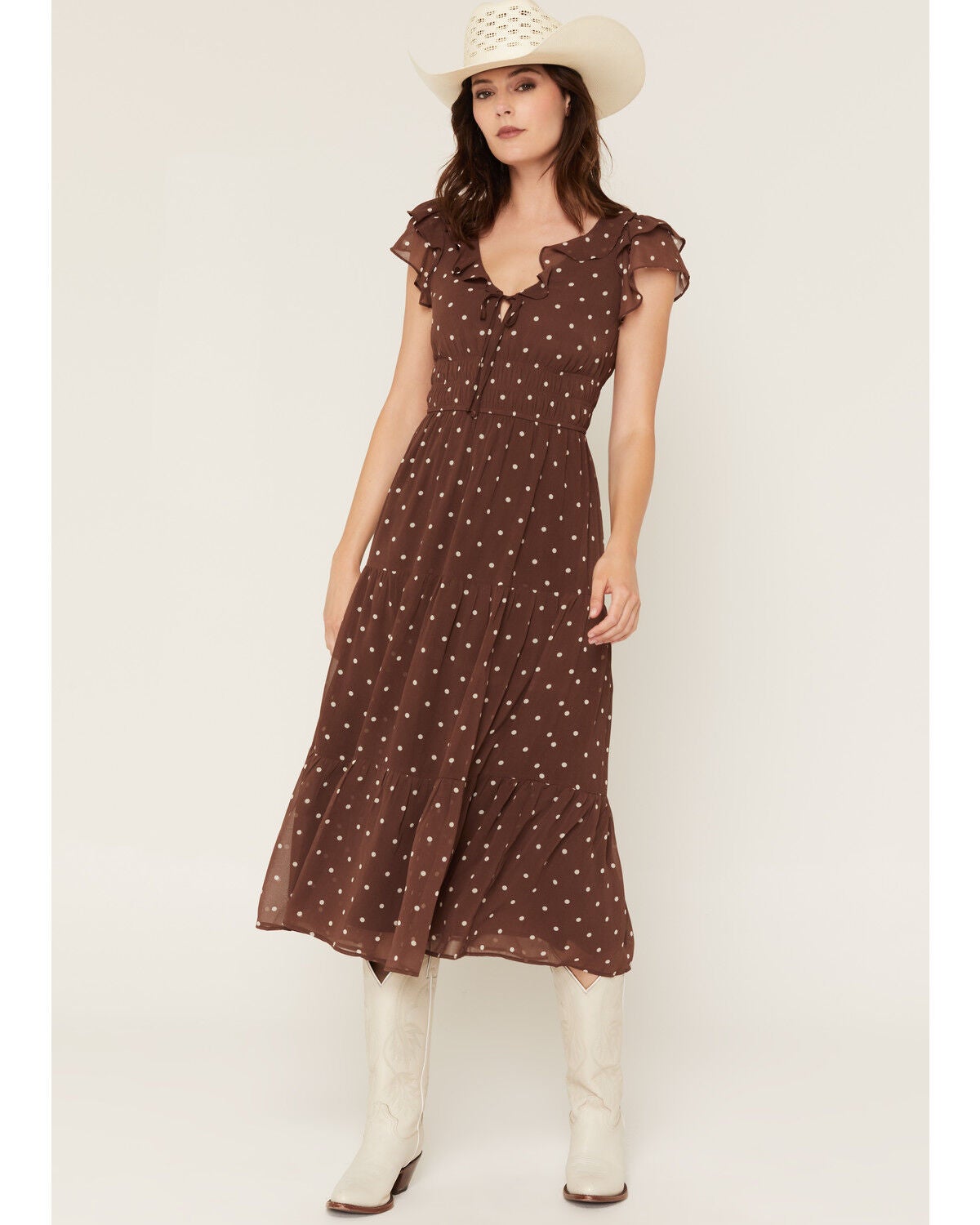 Ash & Violet Women's Polka Dot Ruffle Smocked Waist Midi Dress, Brown, hi-res