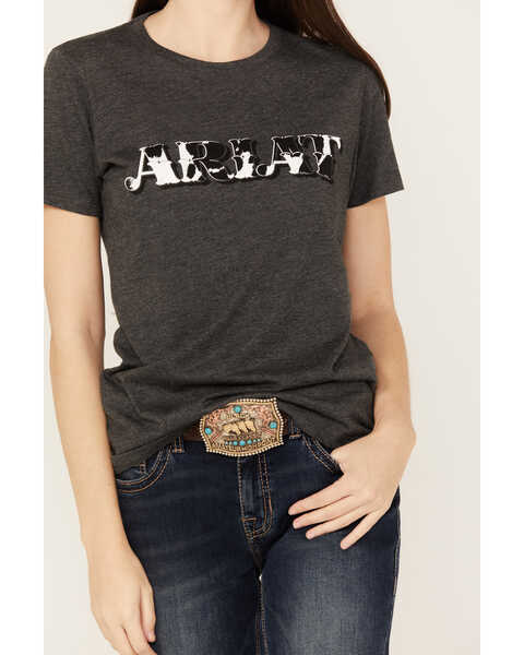 Ariat Women's Cow Print Logo Short Sleeve Graphic Tee, Charcoal, hi-res
