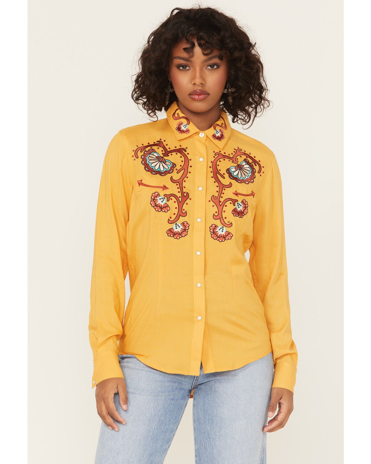 Panhandle Women's Retro Rhinestone Embroidered Long Sleeve Snap Western Shirt, Mustard, hi-res