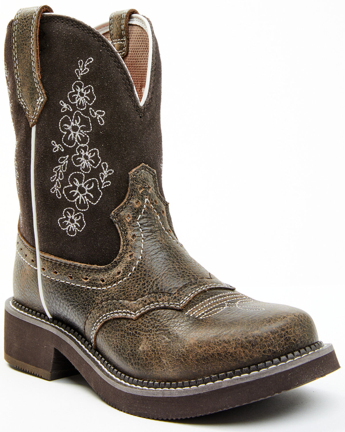 Image #1 - Shyanne Women's Adalia Floral Stitched Shaft Leather Western Boots - Wide Round Toe, Brown, hi-res