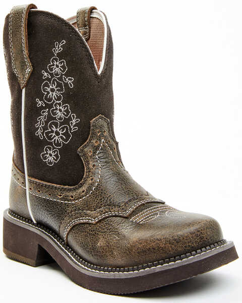 Shyanne Women's Adalia Floral Stitched Shaft Leather Western Boots - Wide Round Toe , Brown, hi-res