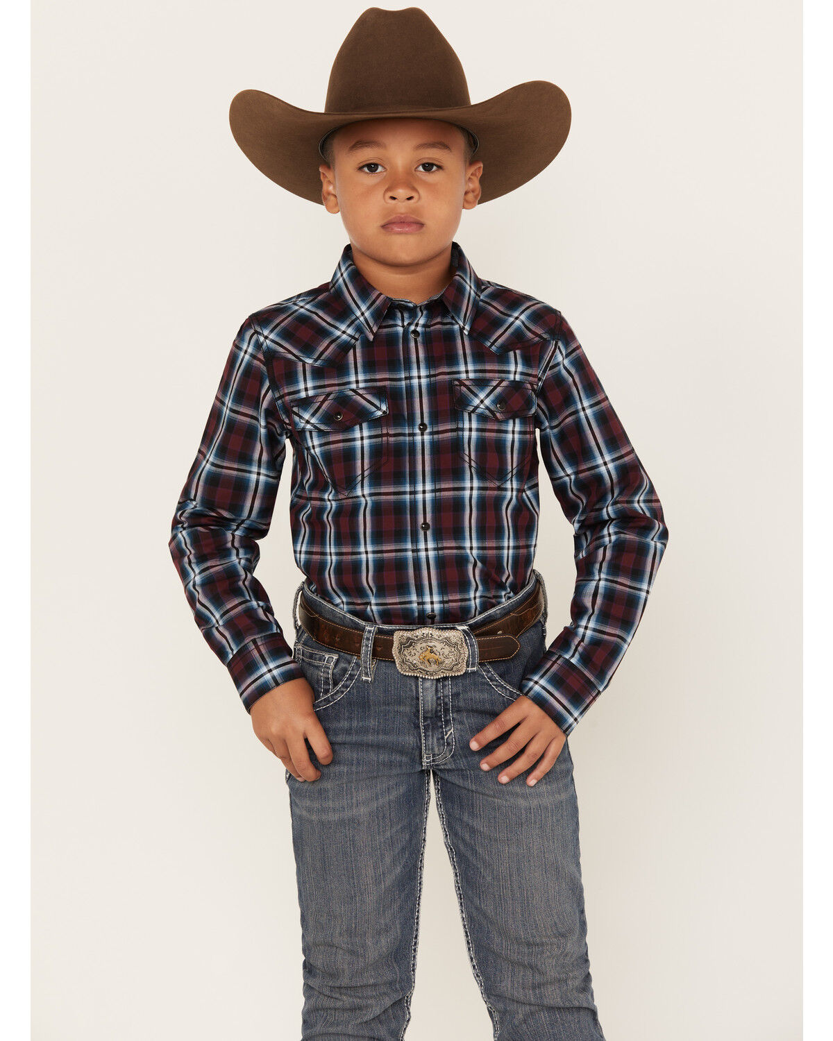 Image #1 - Cody James Boys' Plaid Print Long Sleeve Snap Western Shirt, Red, hi-res
