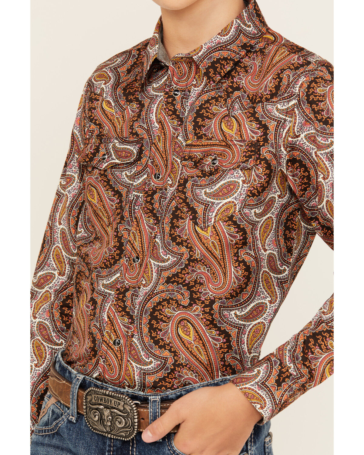 Image #3 - Cody James Boys' Dennis Paisley Print Long Sleeve Snap Western Shirt, Rust Copper, hi-res