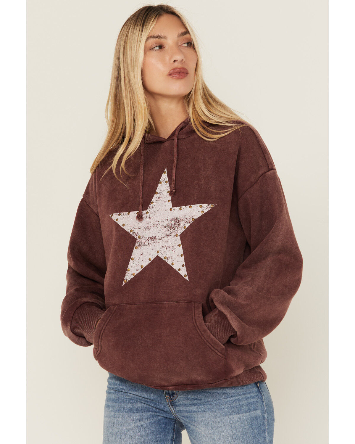 Image #1 - Youth in Revolt Women's Studded Star Graphic Hoodie, Burgundy, hi-res