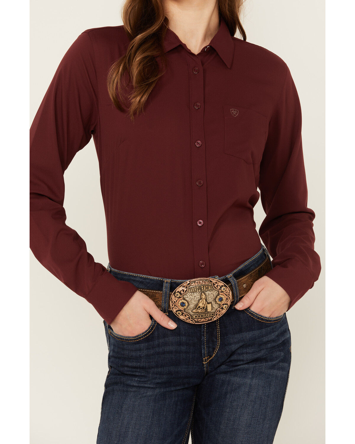 Image #3 - Ariat Women's Solid Long Sleeve Button-Down Performance Western Shirt, Maroon, hi-res