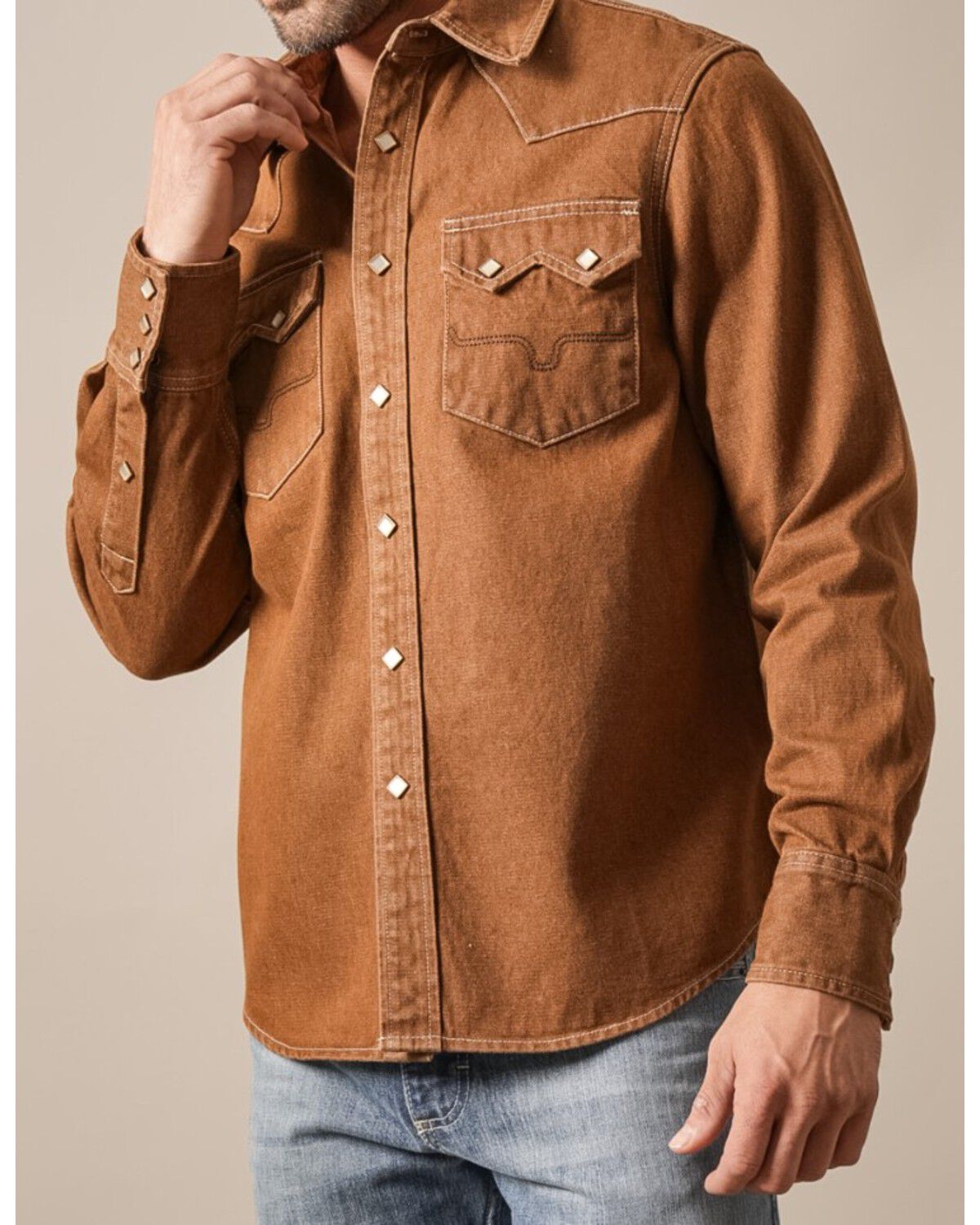Kimes Ranch Men's Roscoe Denim Long Sleeve Snap Western Shirt, Brown, hi-res
