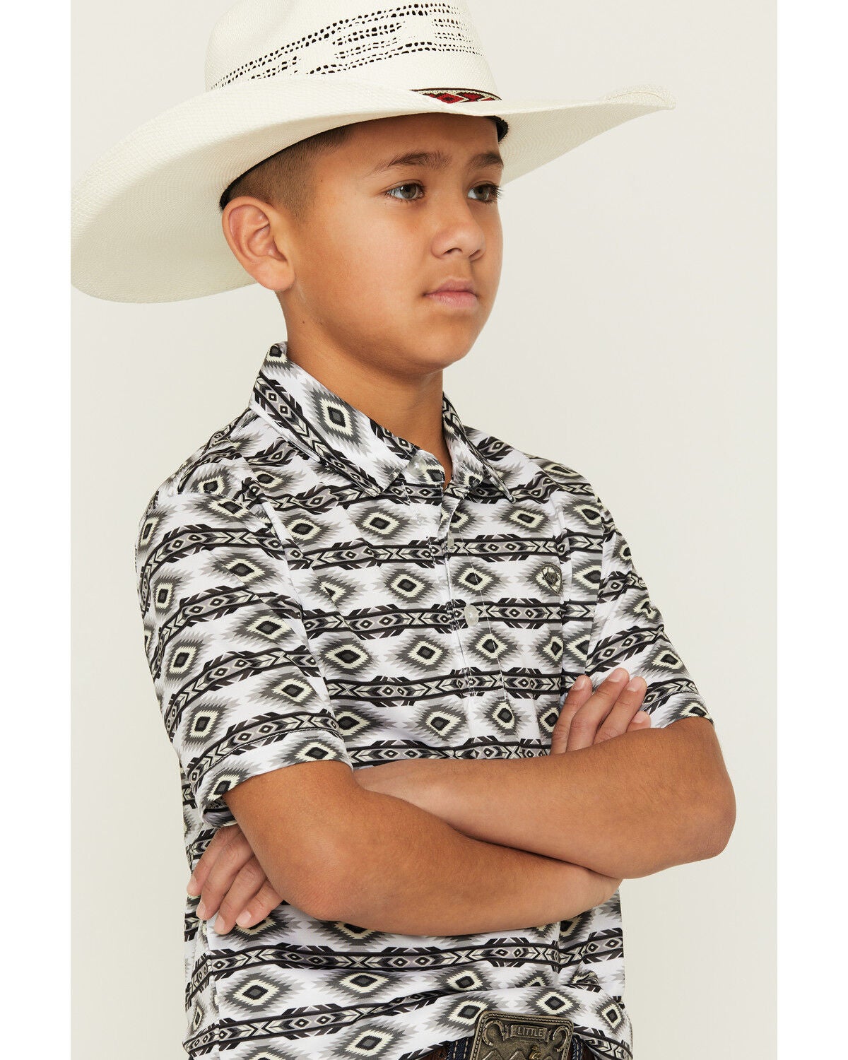 Image #2 - Ariat Boys' AriatTEK Southwestern Geo Print Short Sleeve Button-Down Polo, White, hi-res
