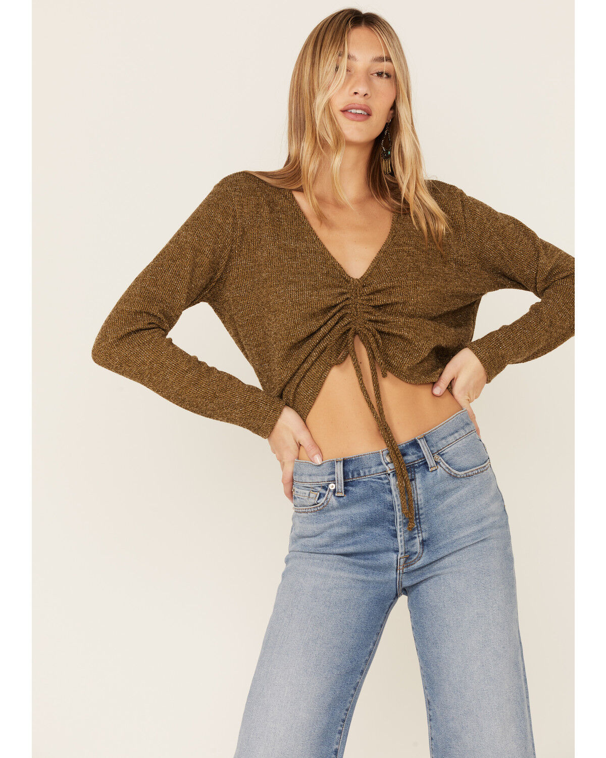 Image #1 - Wild Moss Women's Olive Ribbed Lurex Cinch Front Knit Top, Olive, hi-res