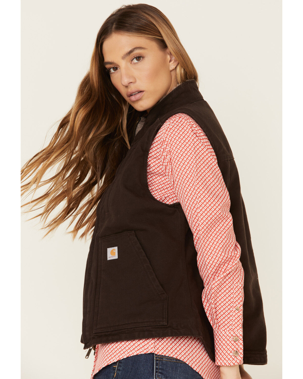 Image #4 - Carhartt Women's Dark Brown Washed Duck Sherpa Lined Vest, Brown, hi-res