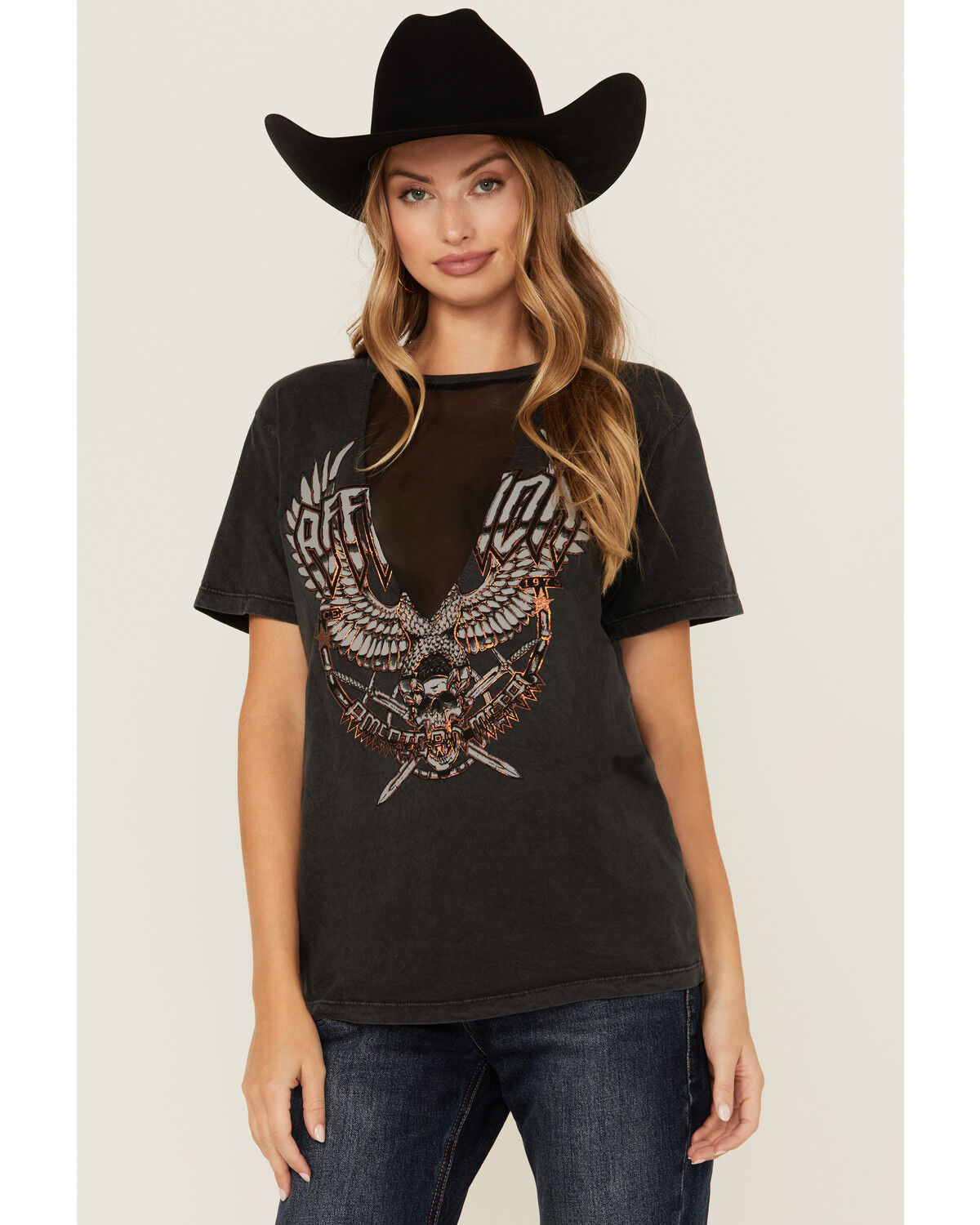 Image #1 - Affliction Women's Deep V Mesh Insert Short Sleeve Graphic Tee, Black, hi-res