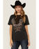 Image #1 - Affliction Women's Deep V Mesh Insert Short Sleeve Graphic Tee, Black, hi-res