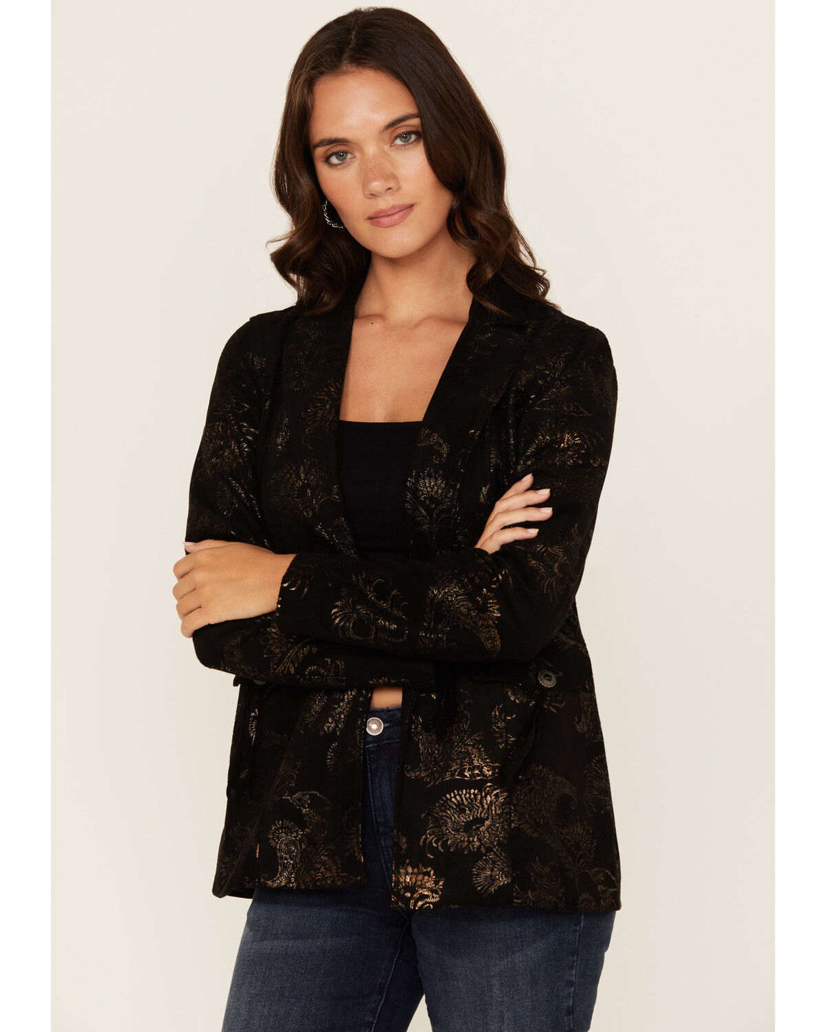 Image #1 - Shyanne Women's Metallic Printed Faux Suede Blazer, Black, hi-res