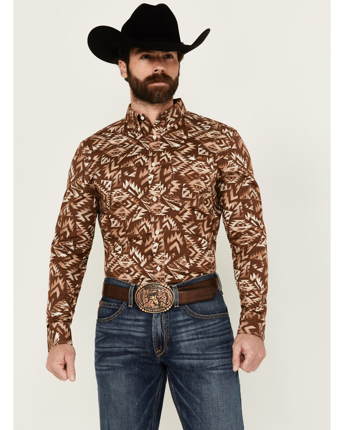 Image #1 - RANK 45® Men's Hopewood Abstract Southwestern Print Long Sleeve Button-Down Stretch Western Shirt, Rust Copper, hi-res