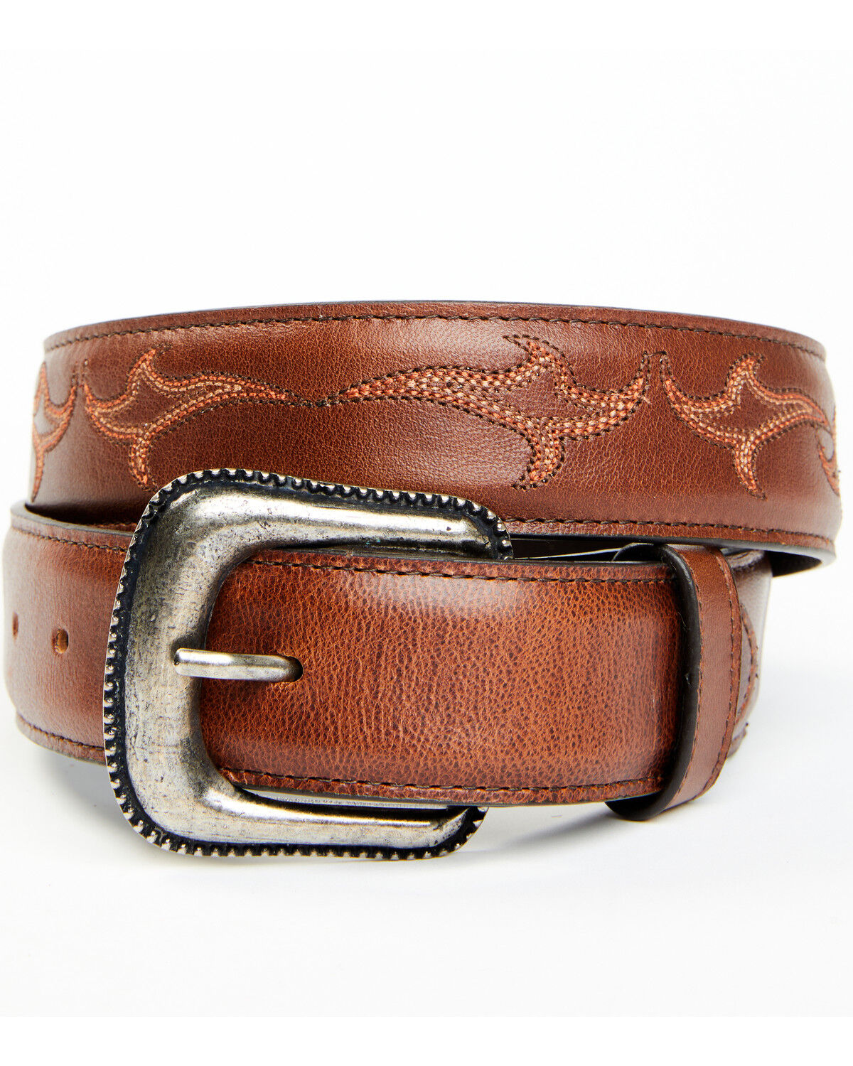Image #1 - Moonshine Spirit Men's Brown Western Red & Orange Stitch Leather Belt, , hi-res