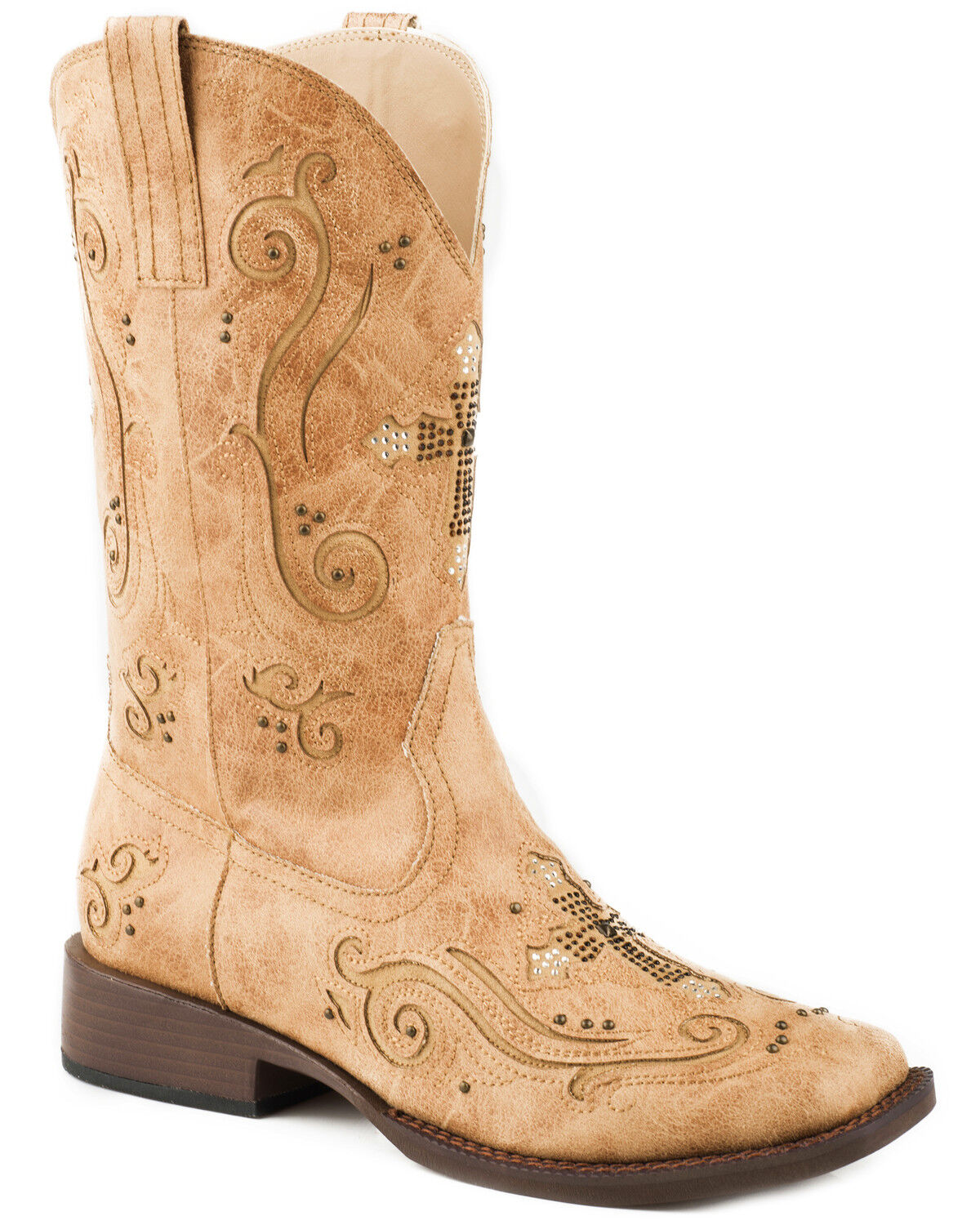 Image #1 - Roper Women's Faith Cross Inlay Boots - Square Toe, Tan, hi-res
