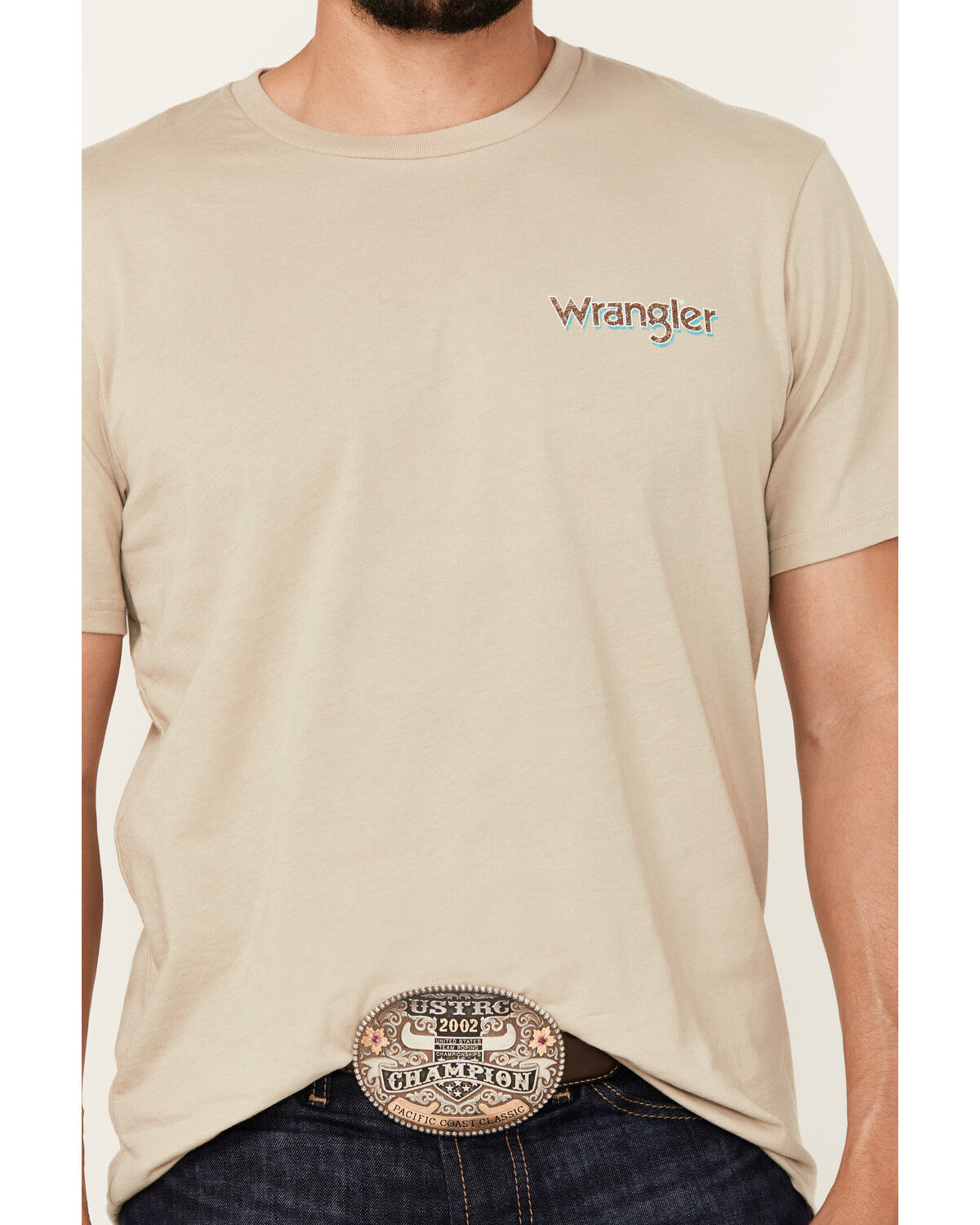 Image #3 - Wrangler Men's Boot Barn Exclusive Logo Short Sleeve Graphic T-Shirt, Sand, hi-res