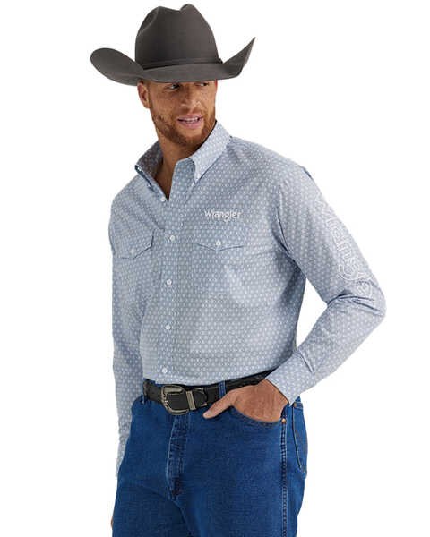 Wrangler Men's Logo Geo Print Long Sleeve Button-Down Western Shirt - Tall , Light Blue, hi-res
