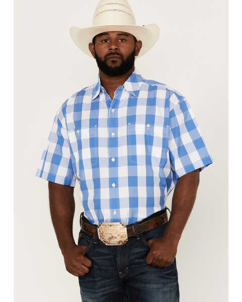 Resistol Men's Lantana Buffalo Check Plaid Print Short Sleeve Button Down Western Shirt , White, hi-res