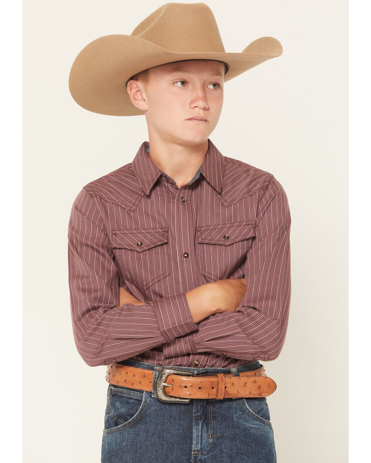 Cody James Boys' Everest Peak Striped Print Long Sleeve Snap Western Shirt, Burgundy, hi-res