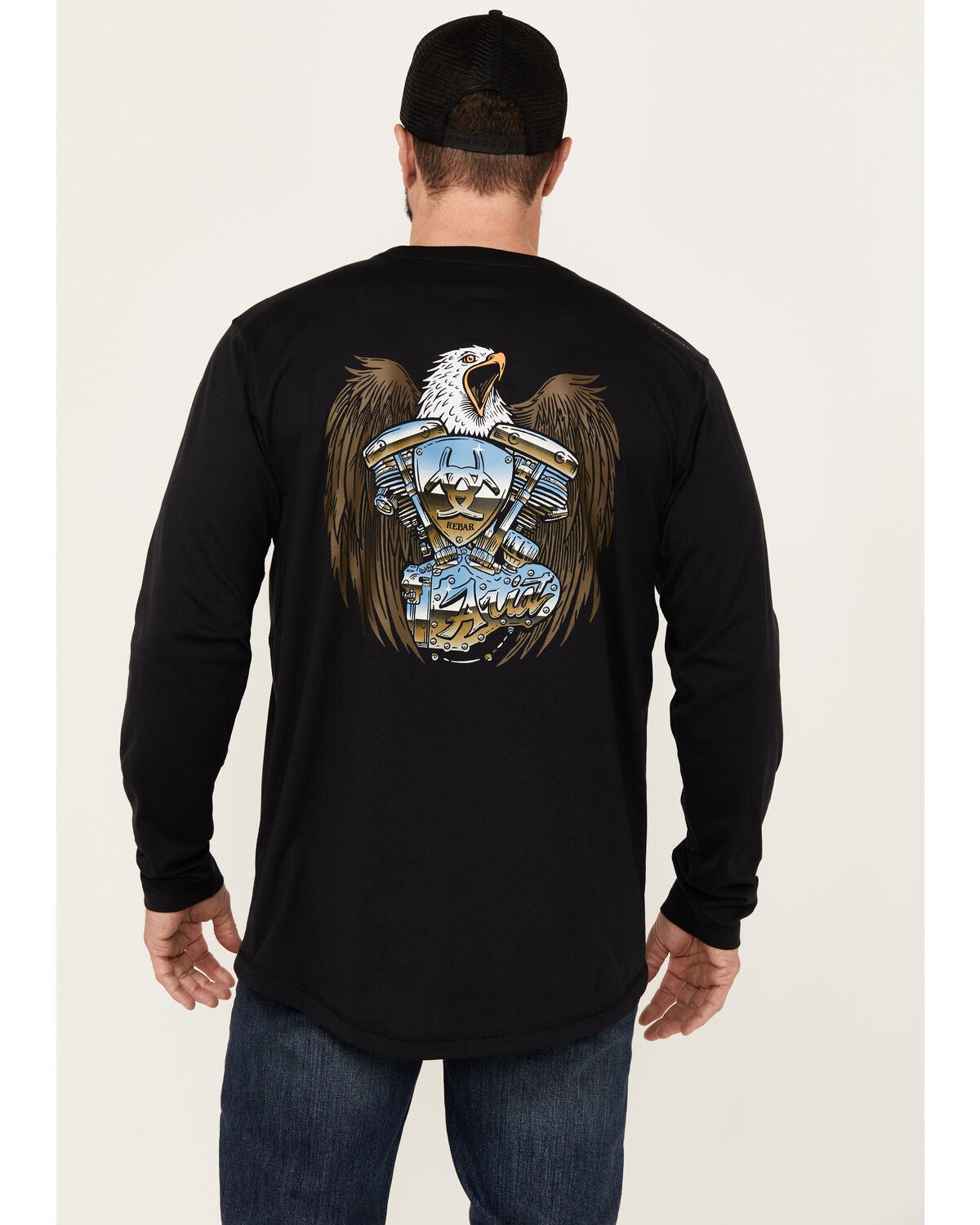 Image #1 - Ariat Men's Rebar Workman Chrome Moto Eagle Long Sleeve Graphic Work T-Shirt, Black, hi-res