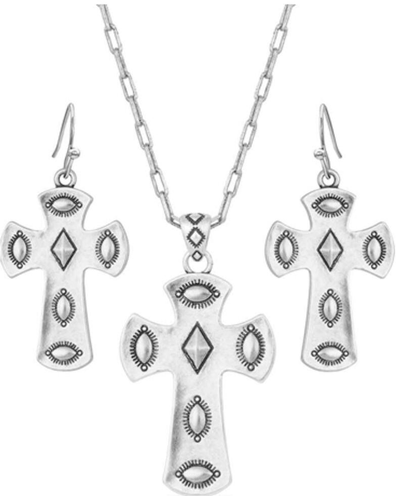 Montana Silversmiths Women's Metal Studded Cross Jewelry Set, Silver, hi-res