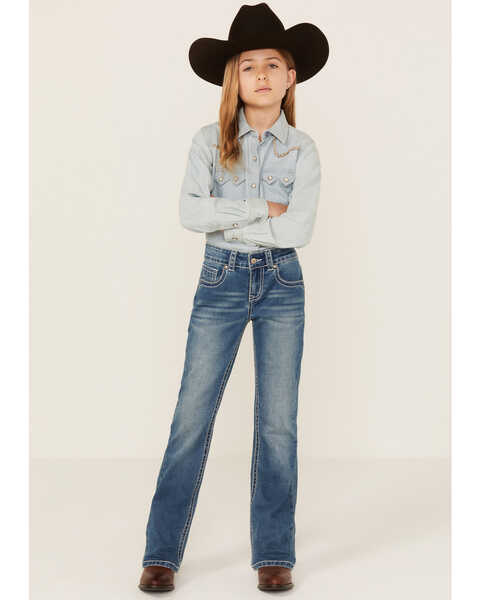 Shyanne Girls' Zig Zag Vertical Pocket Stretch Bootcut Jeans - Big, Blue, hi-res