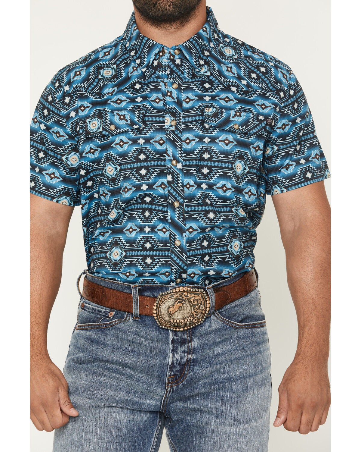 Image #3 - Rock & Roll Denim Men's TEK Southwestern Print Short Sleeve Snap Western Shirt, Blue, hi-res