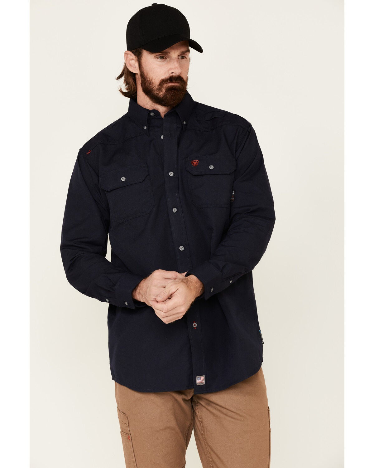 Ariat Men's FR Featherlight Long Sleeve Button Down Work Shirt, Navy, hi-res
