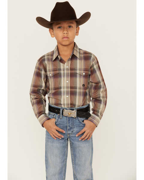 Image #1 - Roper Boys' Amarillo Plaid Print Long Sleeve Pearl Snap Western Shirt, Grey, hi-res