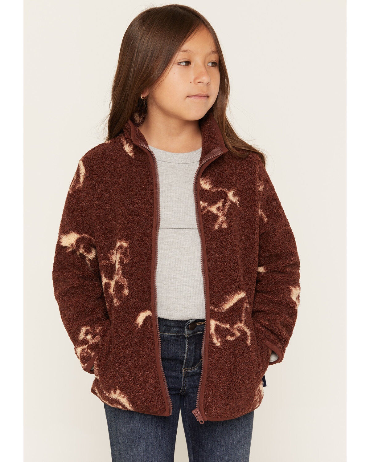 Image #1 - Wrangler Girls' Hay Away Horse Print Full Zip Jacket, Brown, hi-res