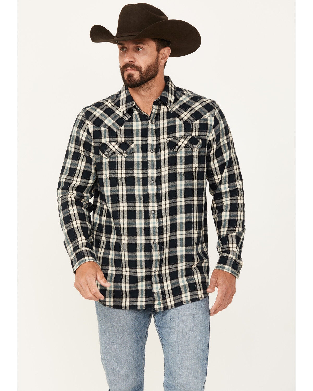 Moonshine Spirit&reg; Men's Acoustic Plaid Print Long Sleeve Snap Western Shirt, Black, hi-res