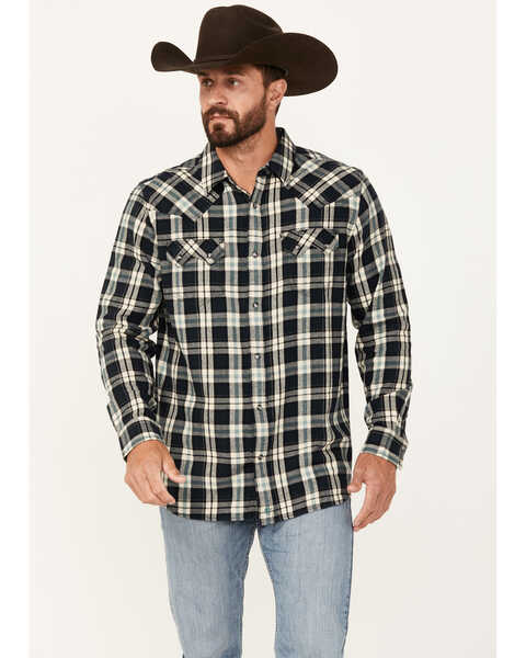 Image #1 - Moonshine Spirit Men's Acoustic Plaid Print Long Sleeve Snap Western Shirt, Black, hi-res