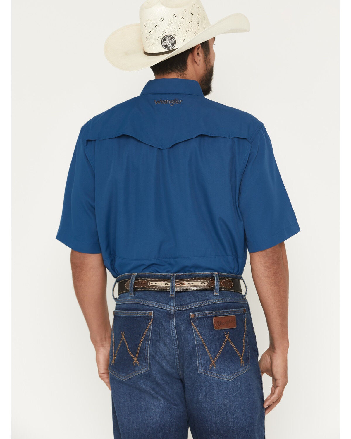 Image #4 - Wrangler Men's Solid Short Sleeve Snap Performance Western Shirt, Blue, hi-res