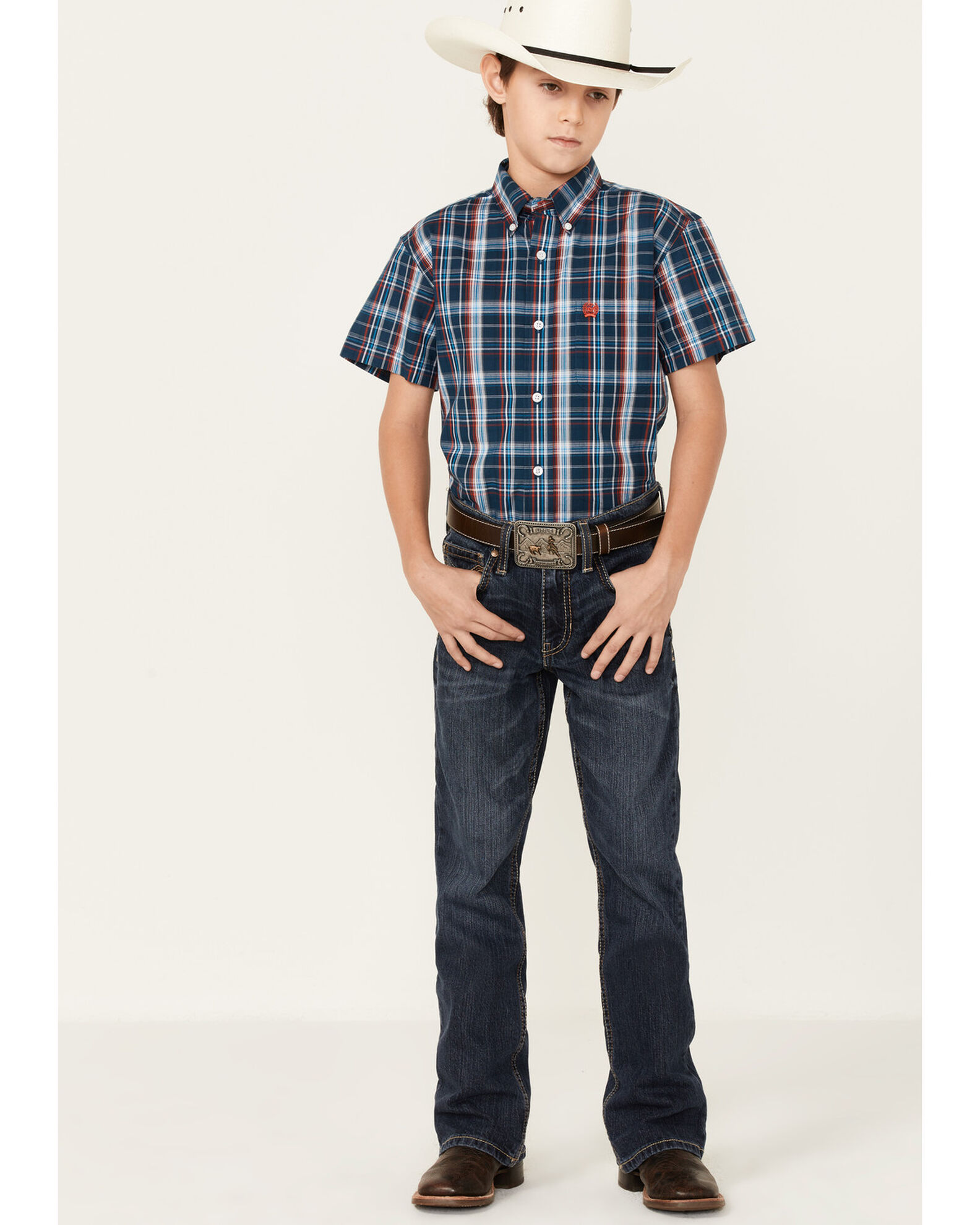 Cinch Boys' Plaid Print Short Sleeve Button-Down Shirt | Sheplers