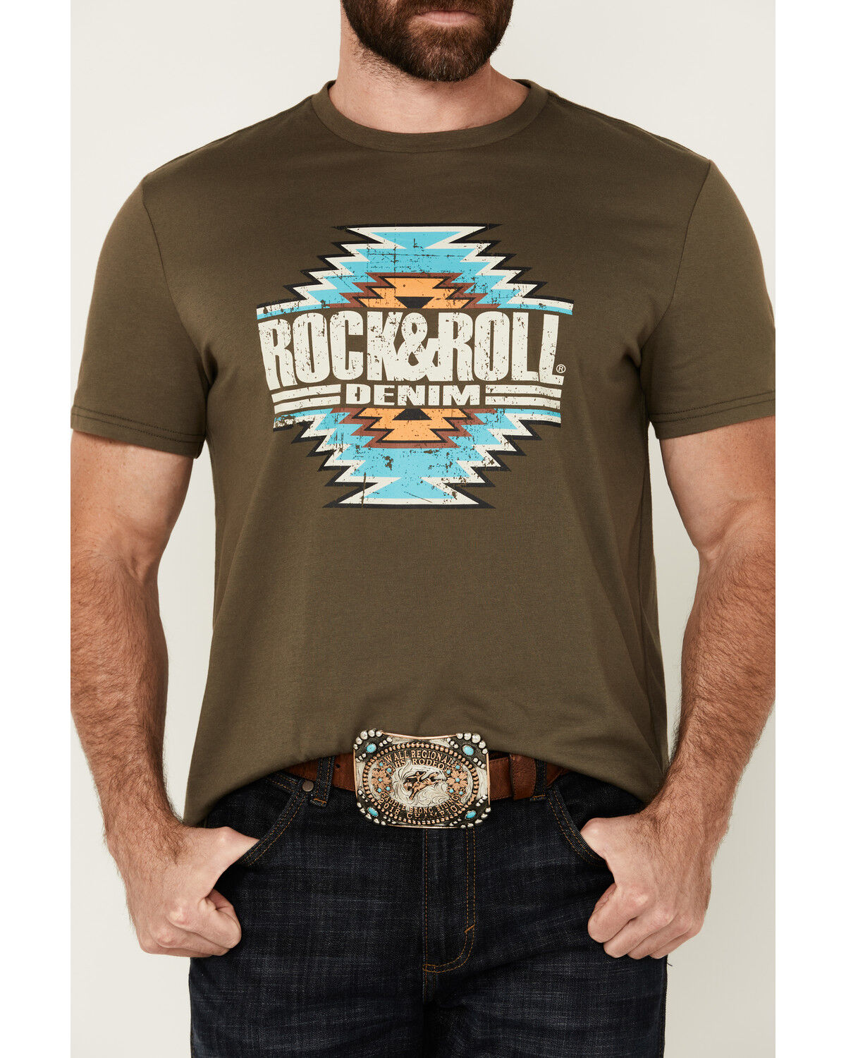 Image #3 - Rock & Roll Denim Men's Southwestern Print Logo Short Sleeve Graphic T-Shirt, Forest Green, hi-res