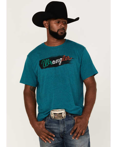 Image #1 - Wrangler Men's Mexico Rider Teal Rope Logo Graphic Short Sleeve T-Shirt , Teal, hi-res