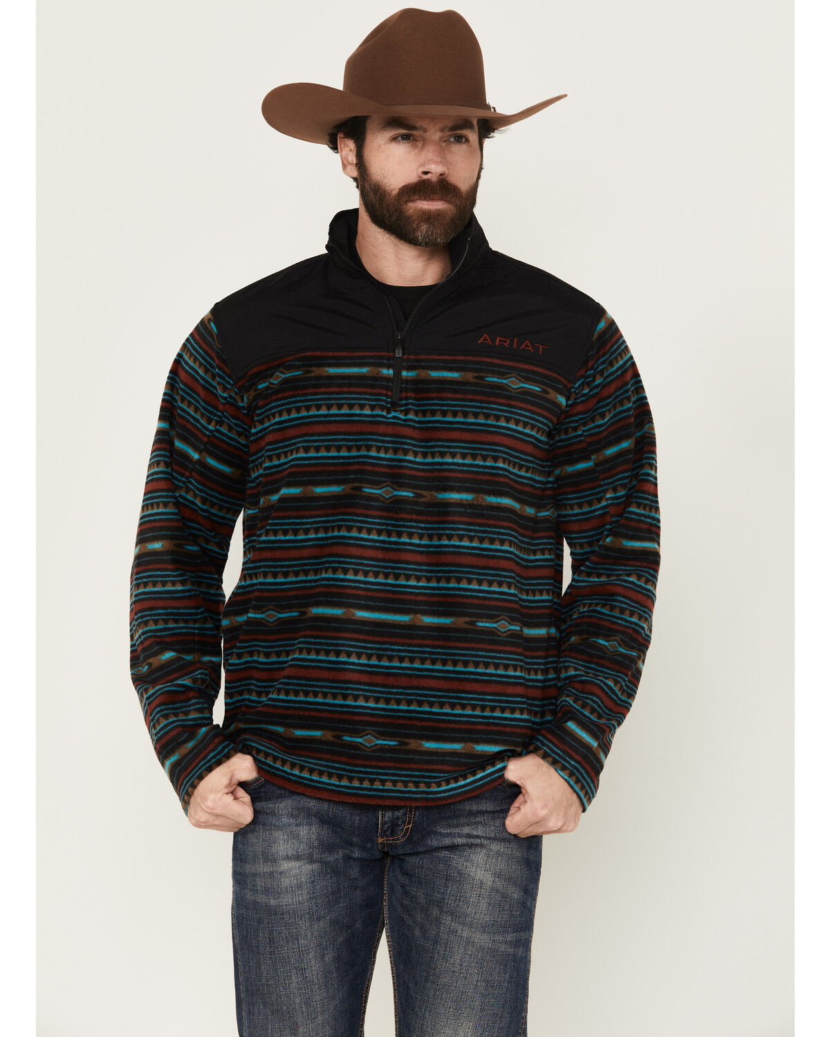 Image #1 - Ariat Men's Basis 2.0 Southwestern Striped 1/4 Zip Pullover, Black, hi-res