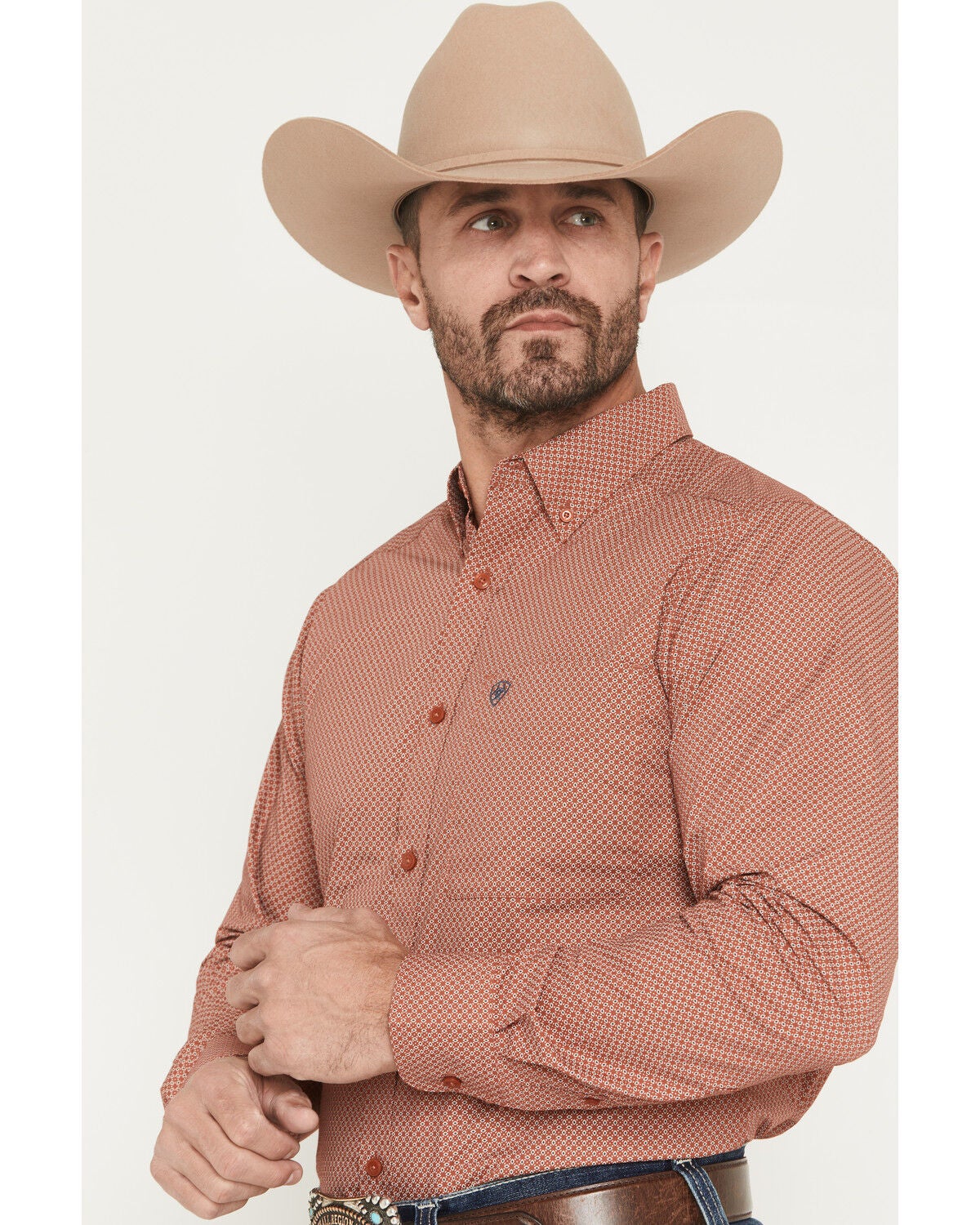 Image #2 - Ariat Men's Warren Geo Print Fitted Long Sleeve Button-Down Western Shirt, Rust Copper, hi-res