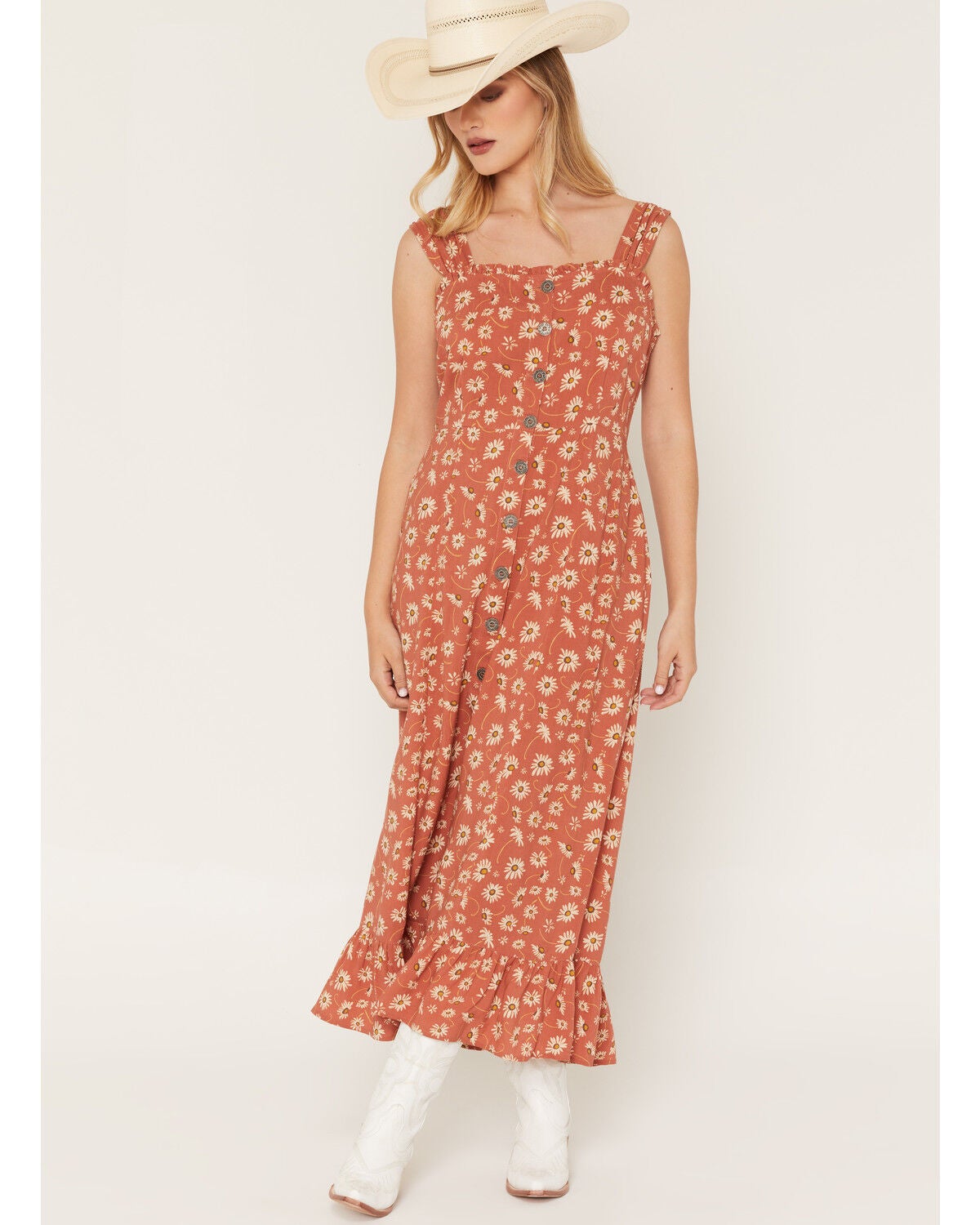 Cotton & Rye Women's Boot Barn Exclusive Ditsy Daisy Floral Print Sleeveless Button-Down Midi Dress, Rust Copper, hi-res