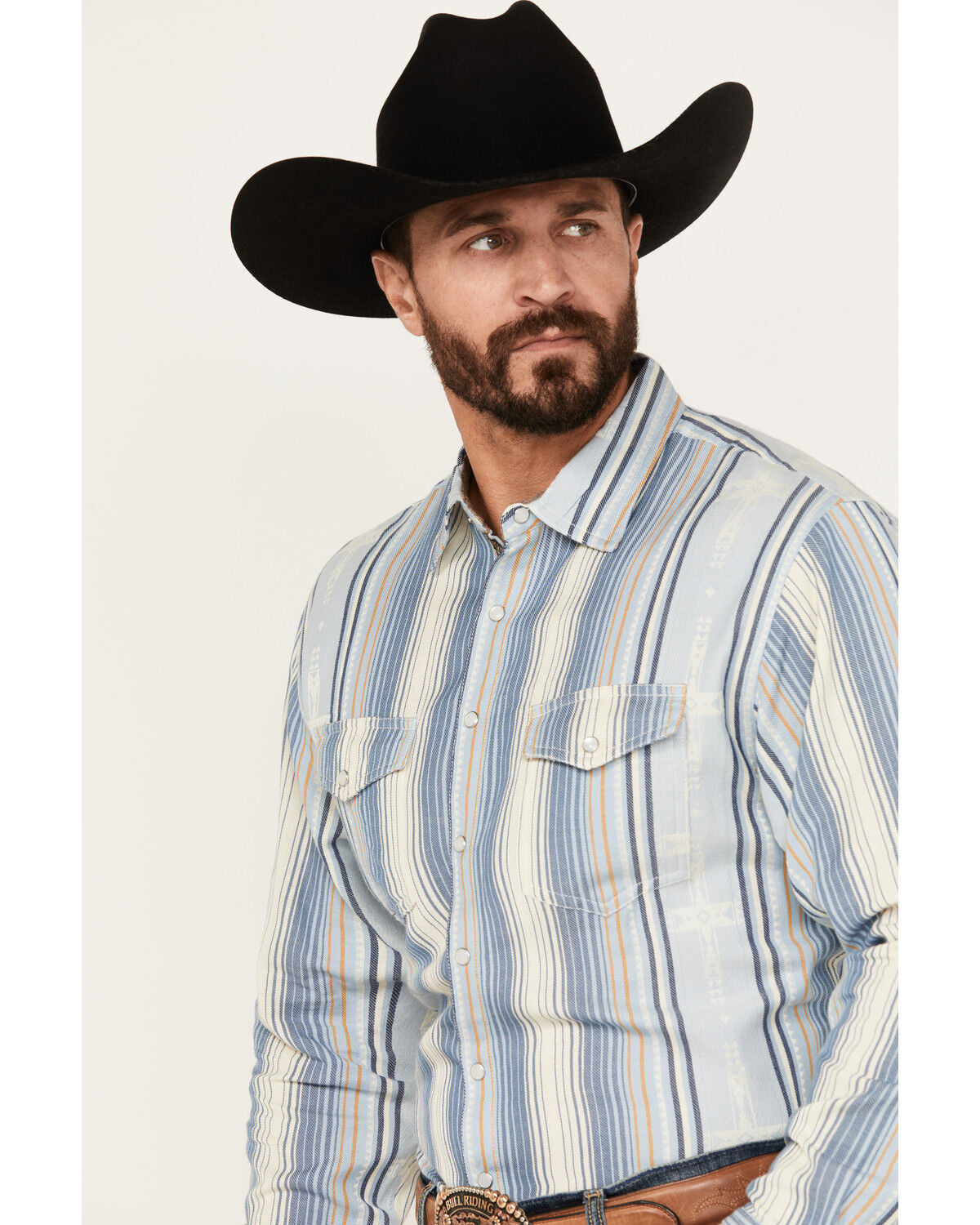 Image #2 - Scully Men's Serape Striped Long Sleeve Pearl Snap Western Shirt, Light Blue, hi-res