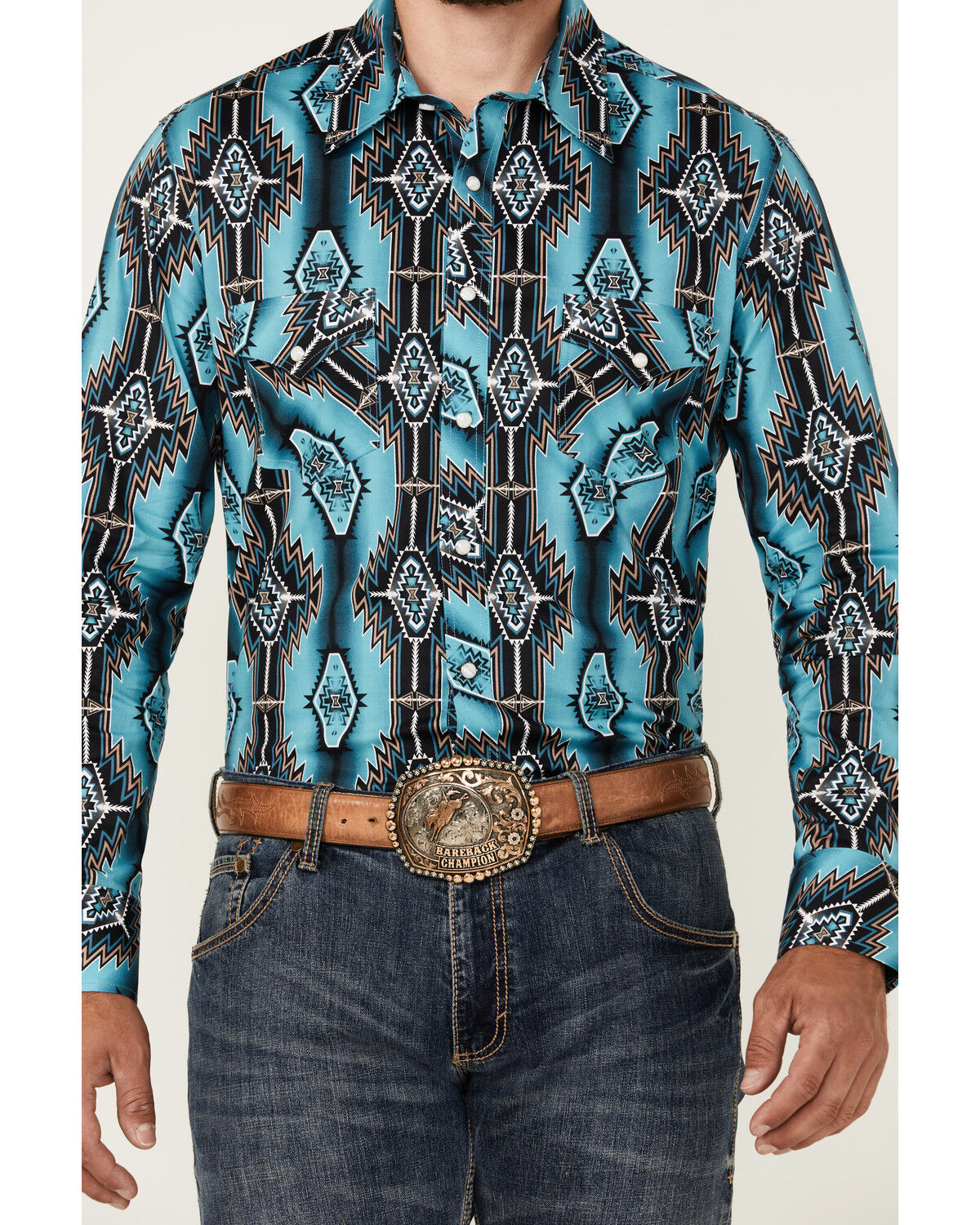 Image #3 - Rock & Roll Denim Men's Southwestern Print Long Sleeve Snap Stretch Western Shirt, Teal, hi-res