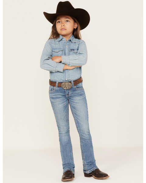Image #3 - Shyanne Little Girls' Light Wash Steer Head & Feather Embroidered Bootcut Jeans, Blue, hi-res