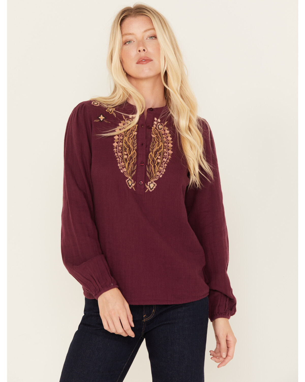 Image #1 - Cleo + Wolf Women's Floral Embroidered Blouse, Grape, hi-res
