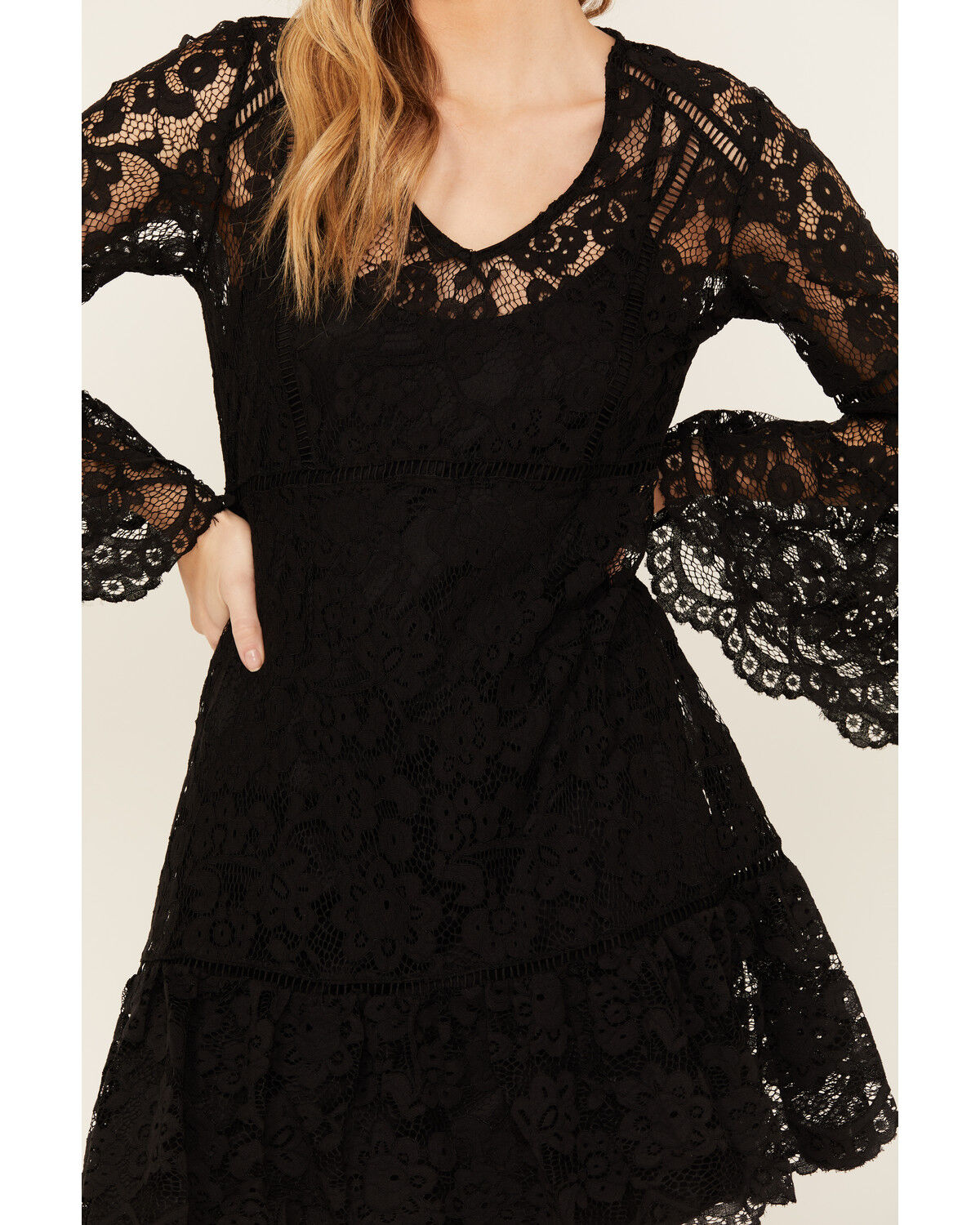 Image #3 - Scully Women's Lace Crochet Long Bell Sleeve Mini Dress, Black, hi-res