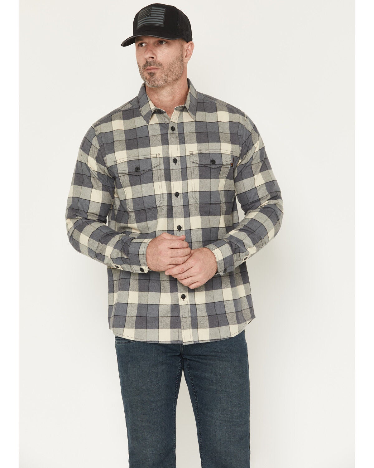 Hawx Men's Buffalo Plaid Print Long Sleeve Button-Down Flannel Shirt, Charcoal, hi-res
